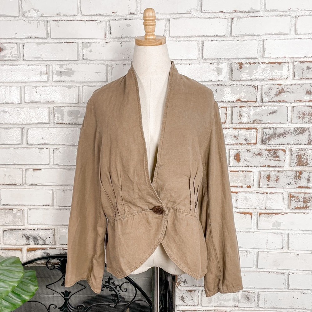 J. Jill Brown Linen Peplum Button Closure Blazer Coastal Boho Petite Jacket L